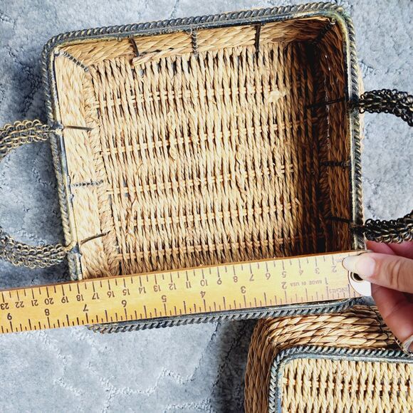 Square Wicker Nesting Baskets LOT OF 2 BLACK METAL HANDLES TRIM rustic cottage - Picture 5 of 11